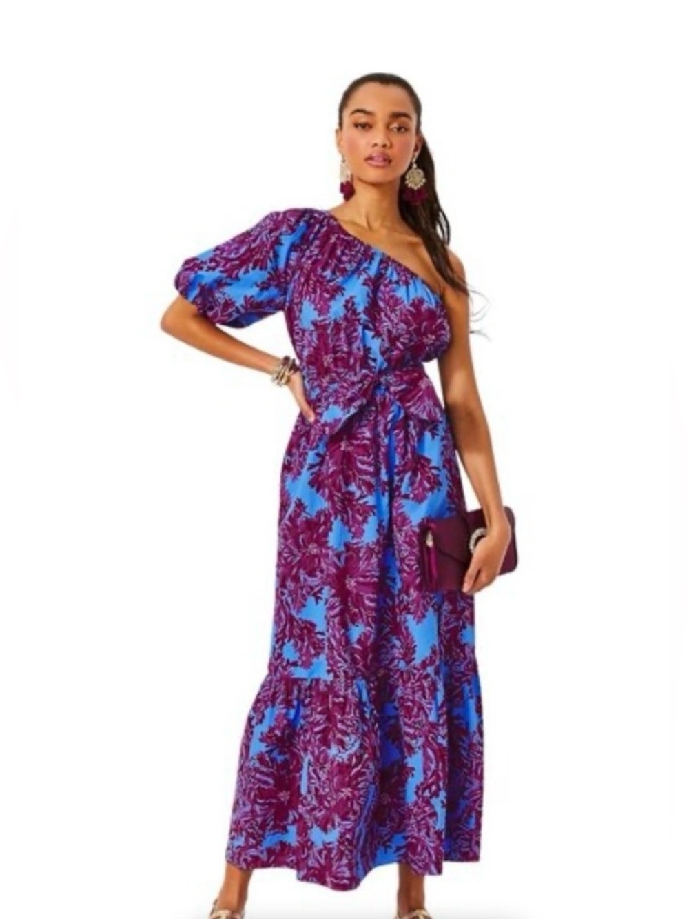 Lilly Pulitzer Zelalynn One-Shoulder Cotton Maxi Dress-Sz 12-Abaco Blue